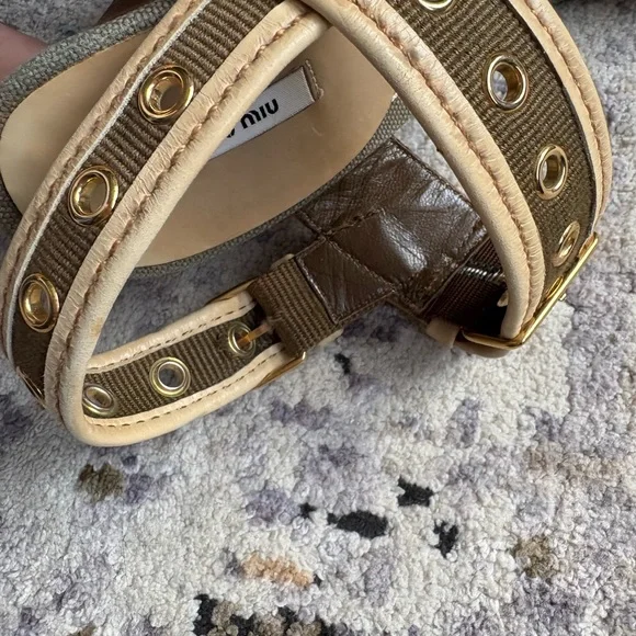 Y2K MIU MIU Double Buckle, Leather & Glitter, Olive Canvas Heels - Picture 16 of 16